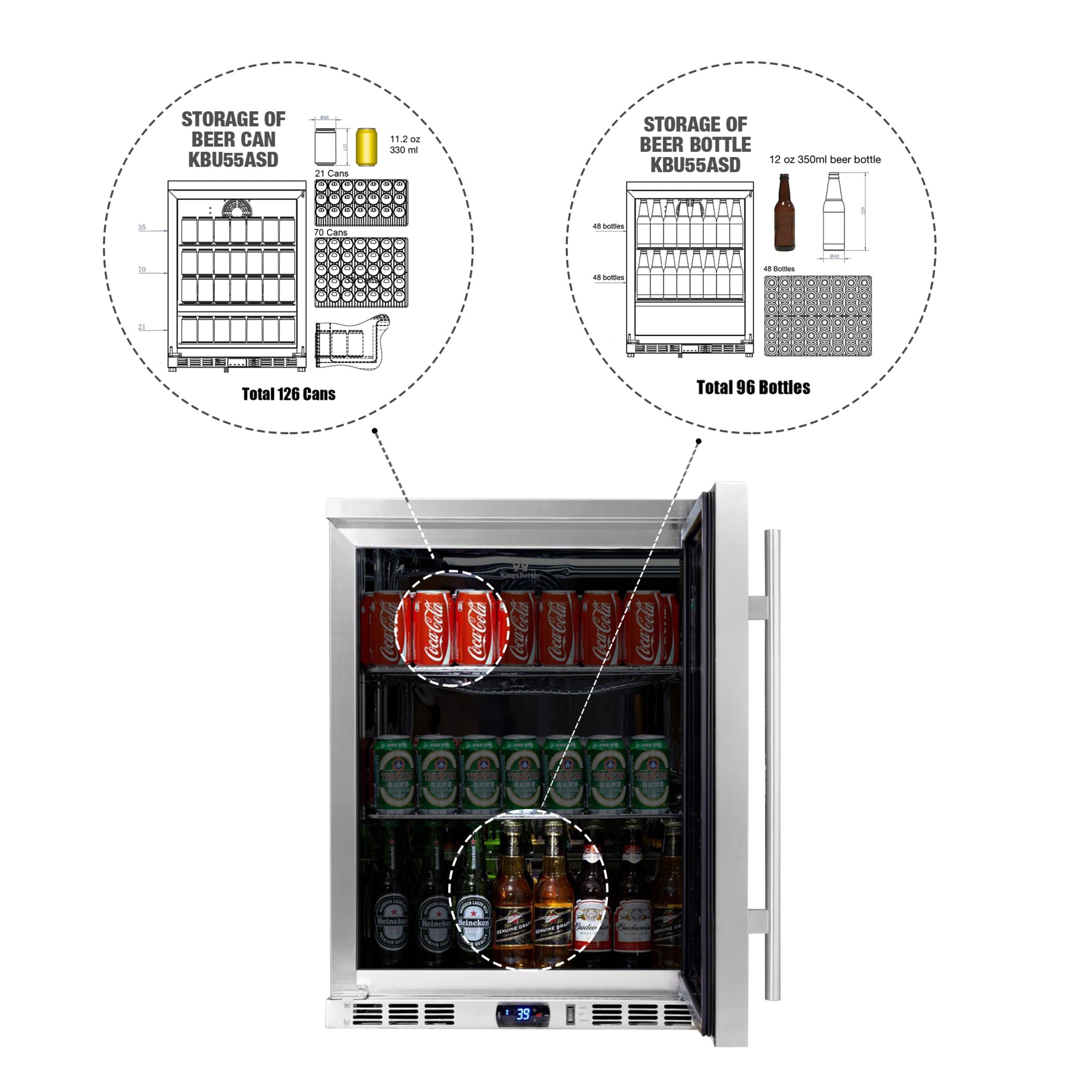 KingsBottle 24" Outdoor Beverage Refrigerator with Solid Stainless Steel Door